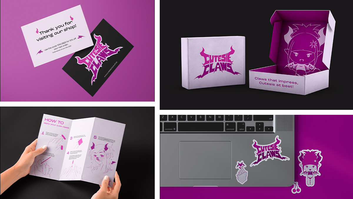 An image of a business card, box packaging, a step-by-step brochure, and cute sticker freebies for each purchase.