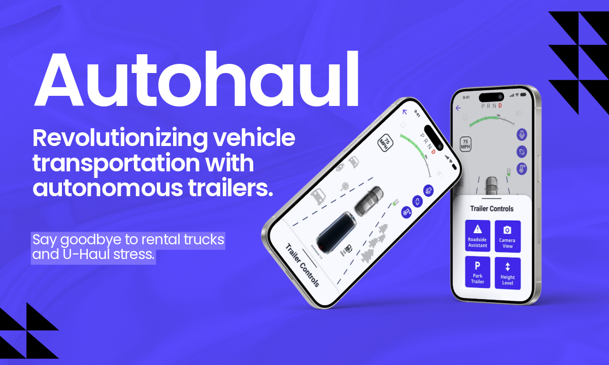 Two iPhone screen mockups with text overlay showcasing Autonomous trailers transforming vehicle transportation