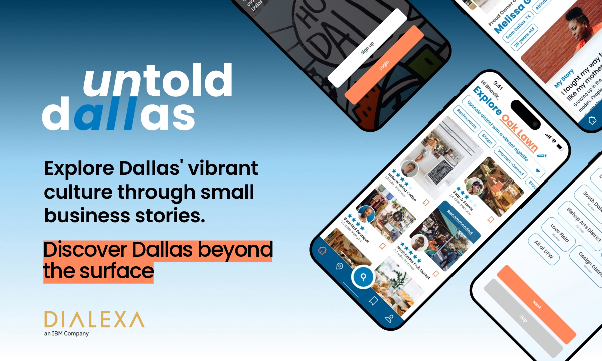 Four app mockups on iphone with text overlay showcasing an app for exploring Dallas' vibrant culture