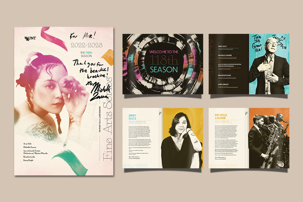 Left to right: caled-up brochure cover with Michelle Zauner's face in a gradient of colors and painterly marks surrounding her, four spreads of the inside of the brochure, each containing portraits of artists with their own colors. 