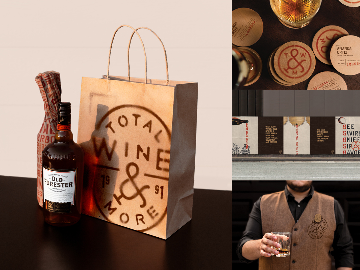 Grid of 4 images: 1) Kraft shopping bag with whiskey bottle and branded paper 2) Overhead shot of wooden coasters with logo and business card 3) 5-poster series displayed in a row 4) Man in light brown branded vest holding whiskey glass.