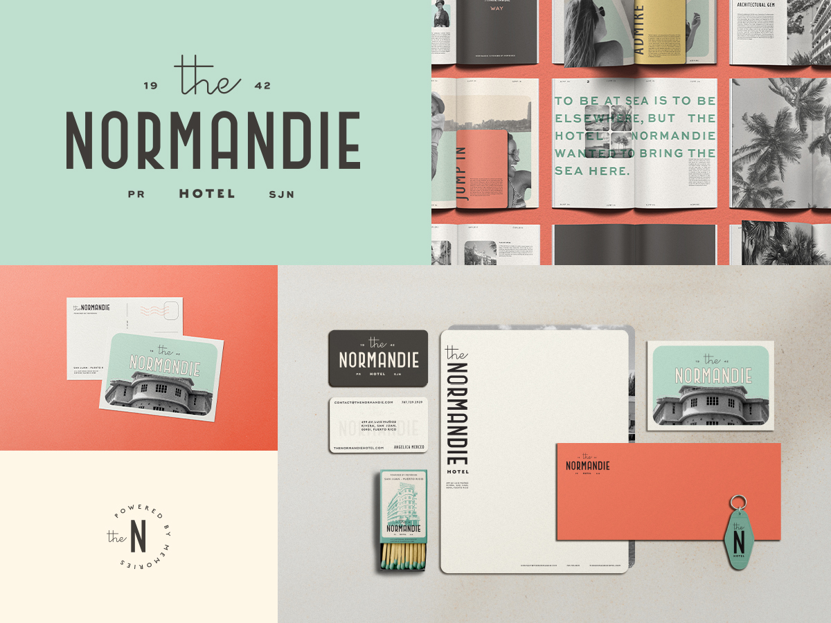Grid with 5 images. The images contain a logo, a postcard, open book spreads, alternate logo, and a stationary system. 
