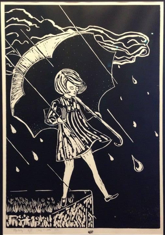Black and light yellow print of a girl under an umbrellas stepping off the world.