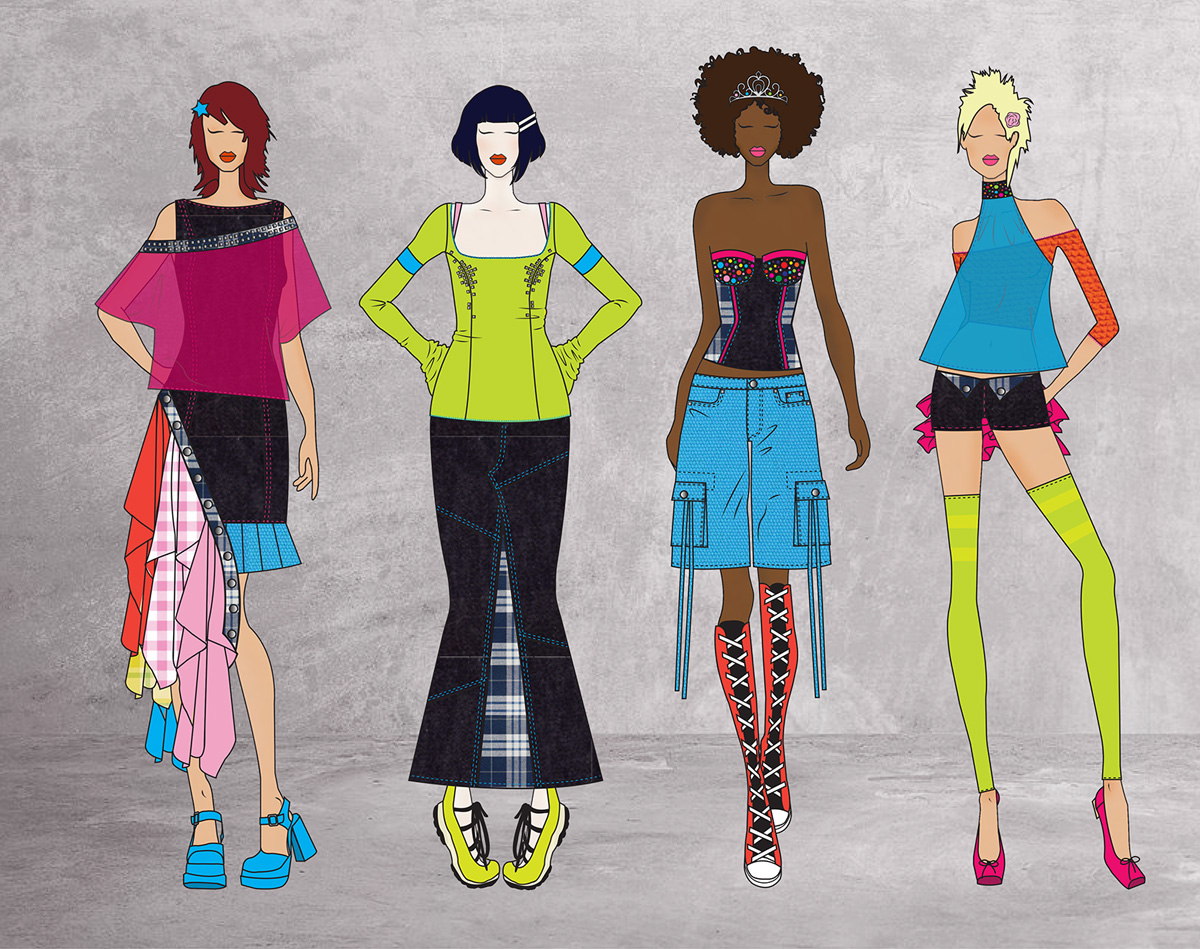 A lineup for the collection "Hard Candy" rendered in Adobe Illustrator and Photoshop with a punky feminine twist on classic workwear techniques and fabrics, infusing them with bright colors and lots of personality.