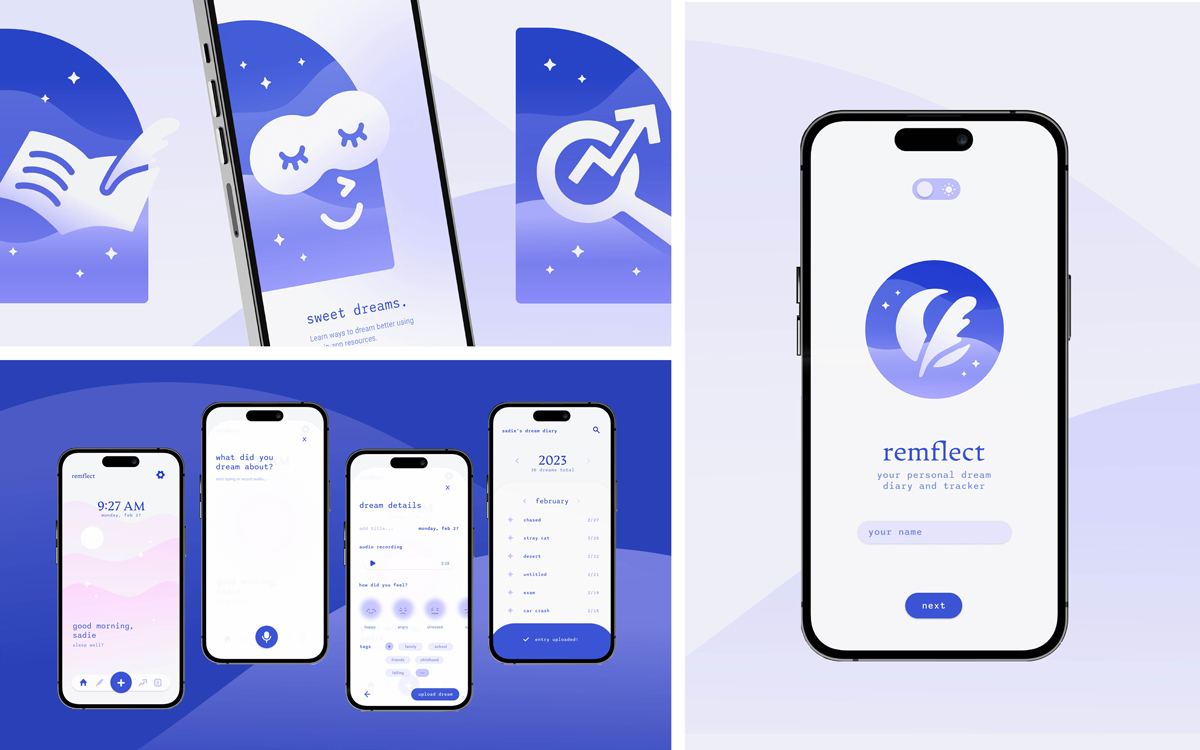 Mockup images of the Remflect app on iPhones. Screens include the landing page, onboarding illustrations, and dream tracking screens.