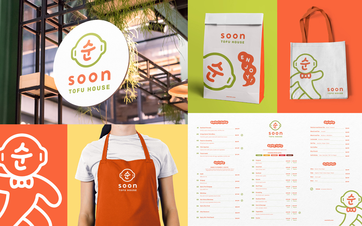 Designed assets for Soon Tofu House consisting of a restaurant sign, takeout bag, tote bag, menu, apron, and an illustration of the mascot.