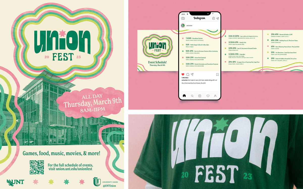 Unionfest assets including the main event poster, Instagram carousel of the event's schedule, and t-shirt.