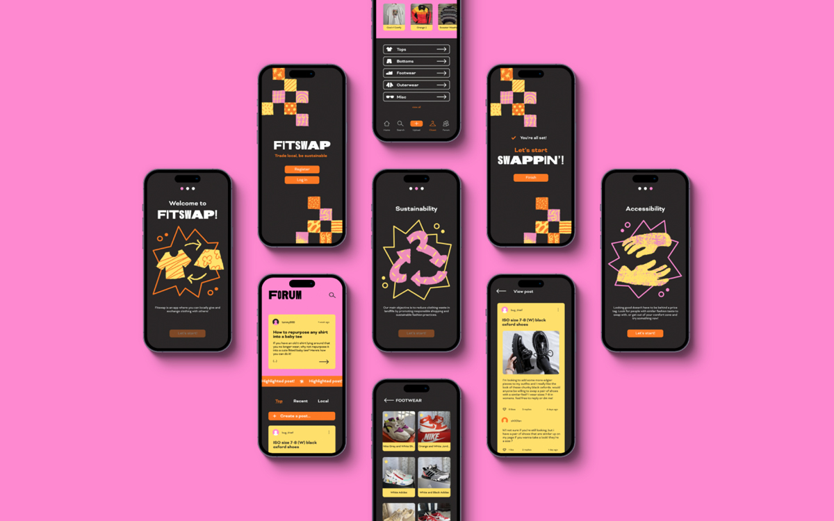 Multiple screens of the Fitswap app mocked up on iPhones. These show shots of the onboarding, forum, and marketplace features of the app.