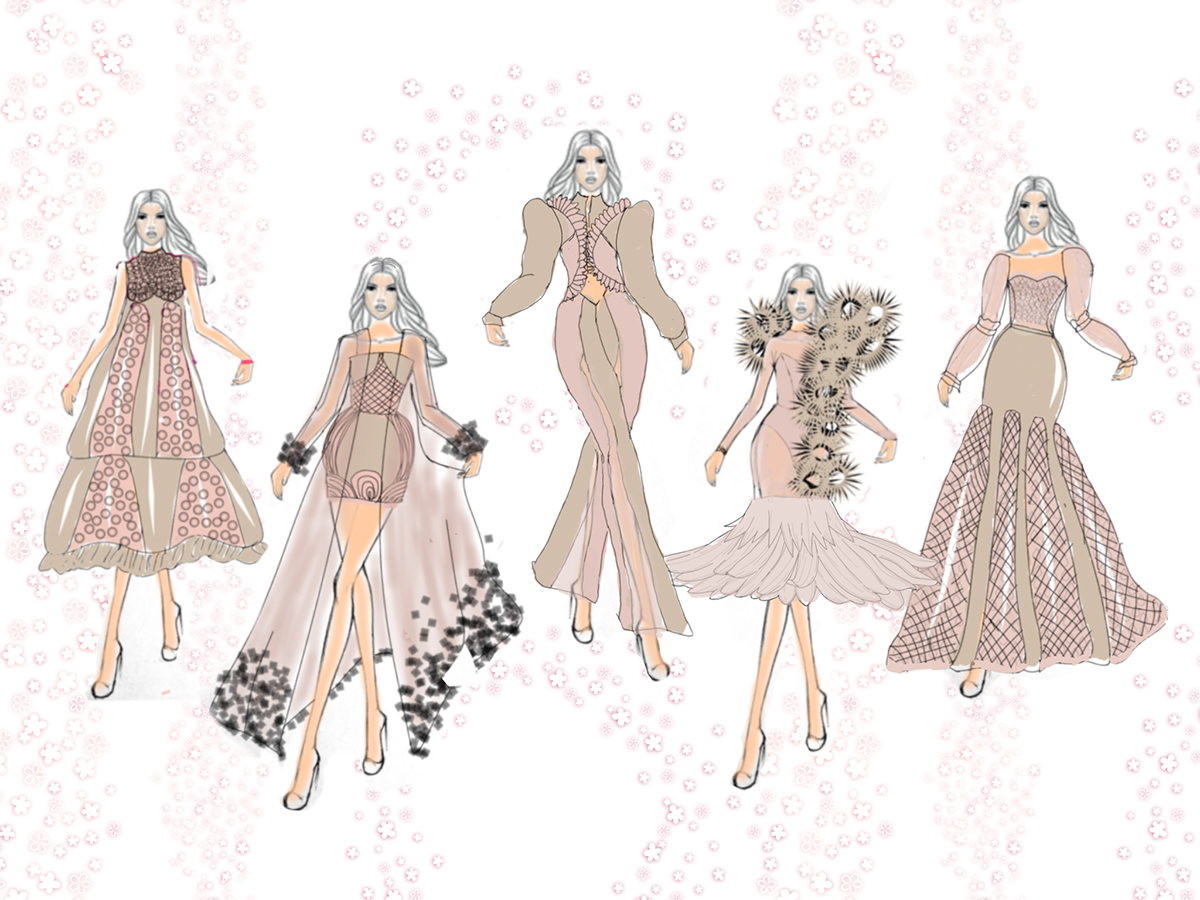 Fashion sketch of pink, maroon, and sage green floral dresses