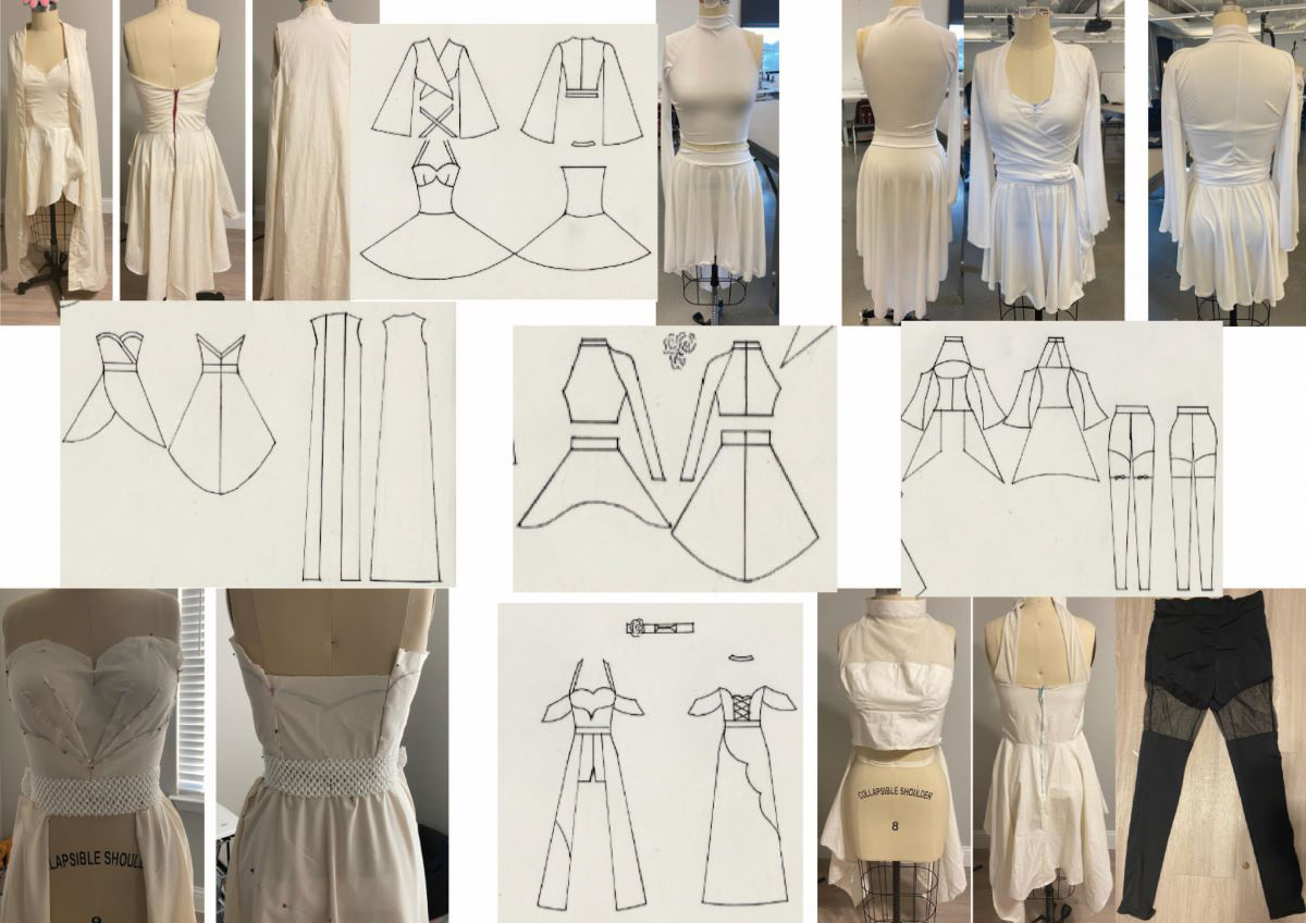 Flat sketches of the collections original designs along with the muslins of each garment.