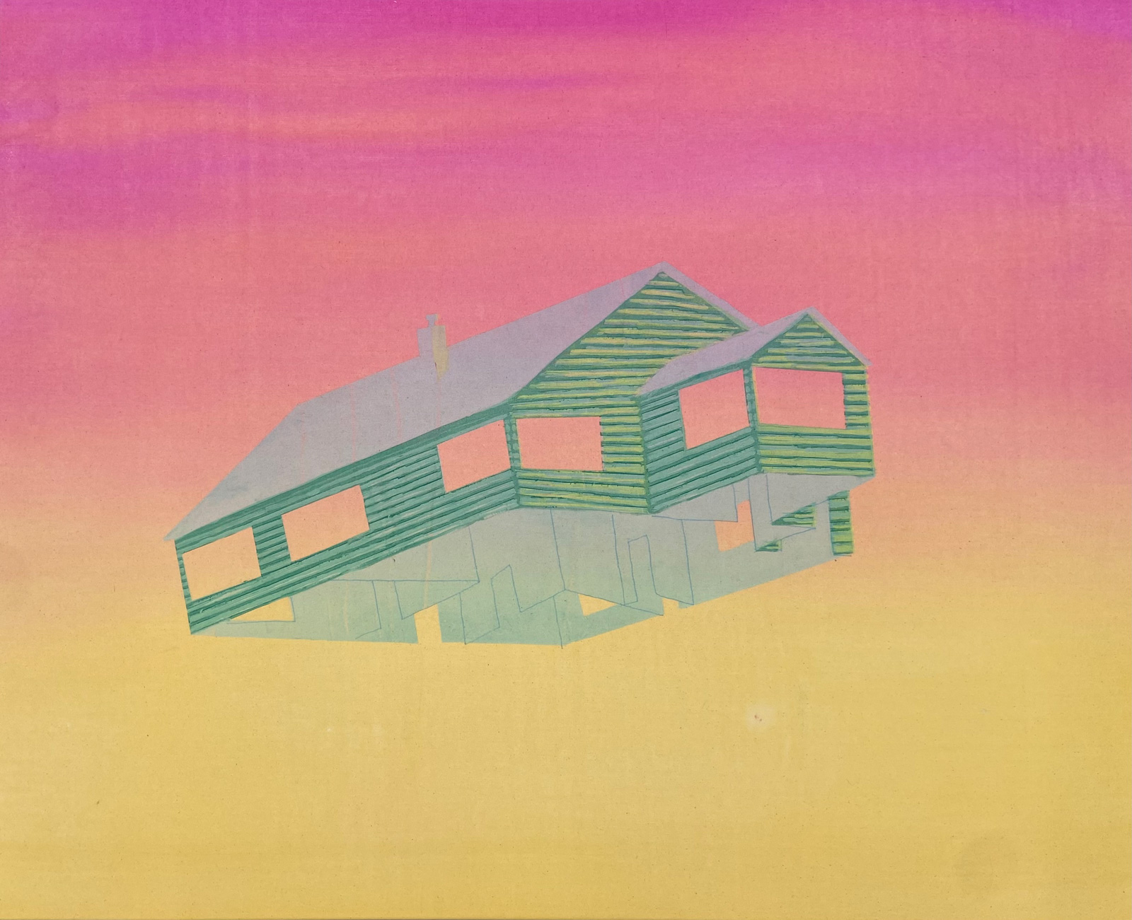 Pastel pink and yellow sky with an empty house floating in the air.