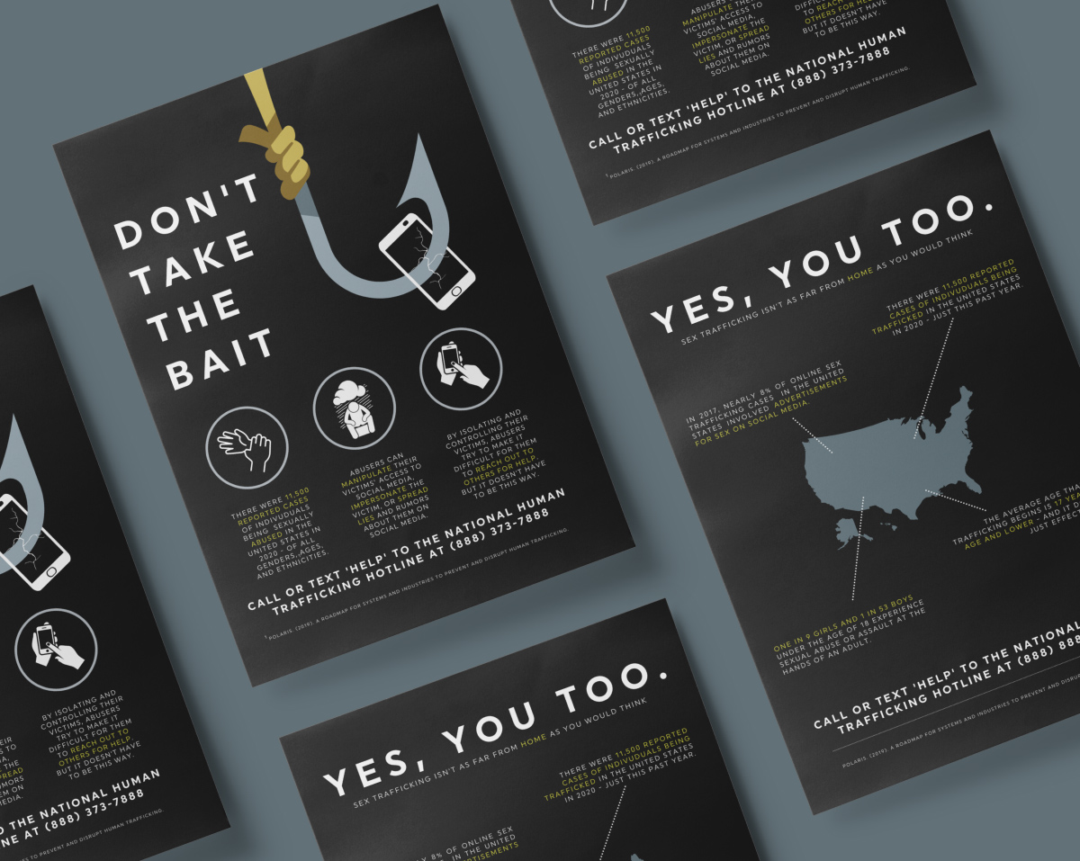Black, white, and grey infographic posters detailing how human traffickers can use social media