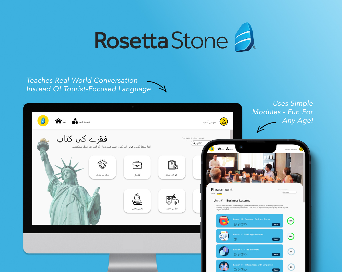 Desktop and phone screens displaying a product extension for Rosetta Stone, where it teaches real world ESL for refugees
