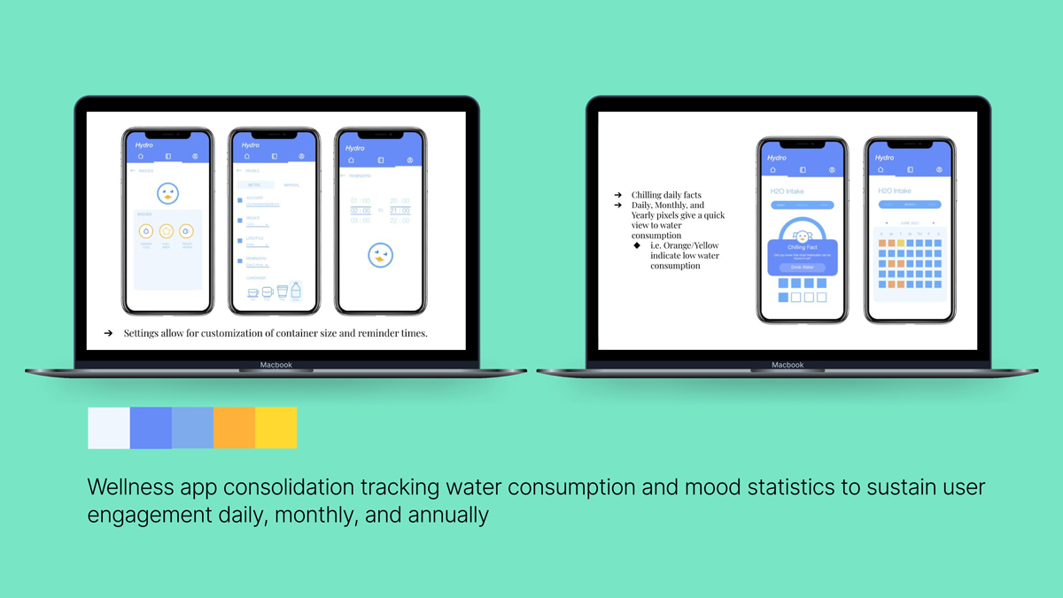 Two screens depicting the Hydro app and its various functions