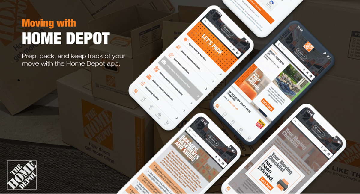 To the left displays the title text, Moving with Home Depot. Subtext Prep, pack and keep track of your move with the Home Depot app. To the right are 4 screens showing the check-off features and tips offered.  