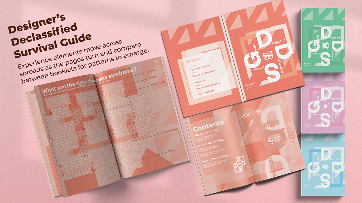 An array of colorful booklets titled "designer's declassified survival guide" with some pages visible, showcasing graphic design and layout.