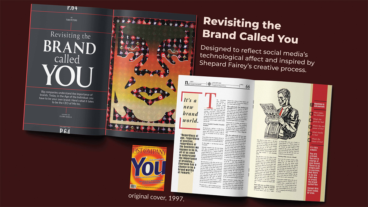 An editorial layout presenting an article on "revisiting the brand called you," which explores the impact of social media on personal branding and mentions shepard fairey's creative process, alongside a visual of the original 1997 cover.