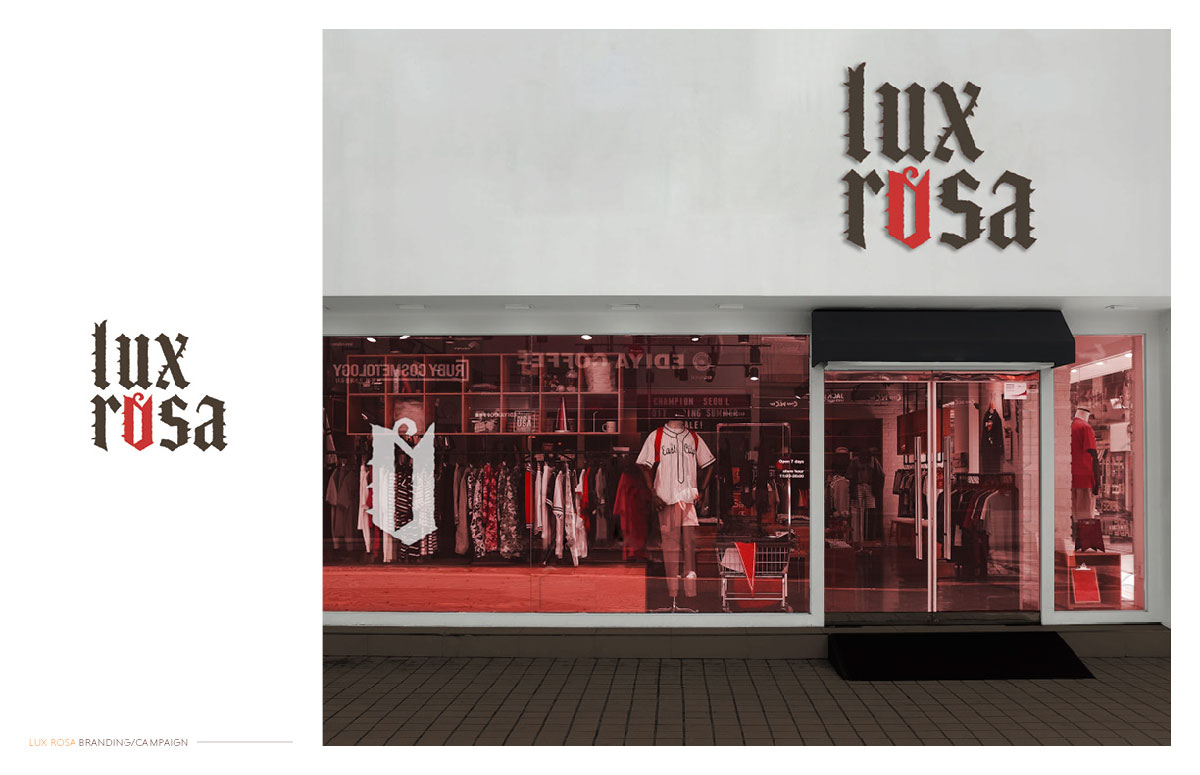 To the left, a Lux Rosa logo is displayed with customized blackletter type including thorns an abstracted rose shape as the O in Rosa. To the right, is a storefront with brown, red, and white themed windows and enviornment.