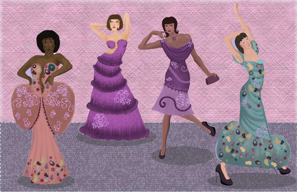 An illustration of four models wearing four different dresses