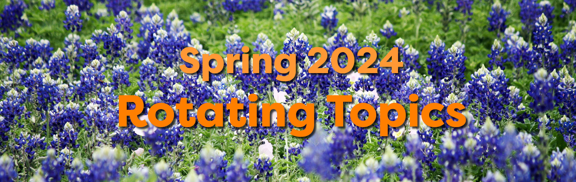 Spring 2024 Rotating Topics written on a field of bluebonnet flowers