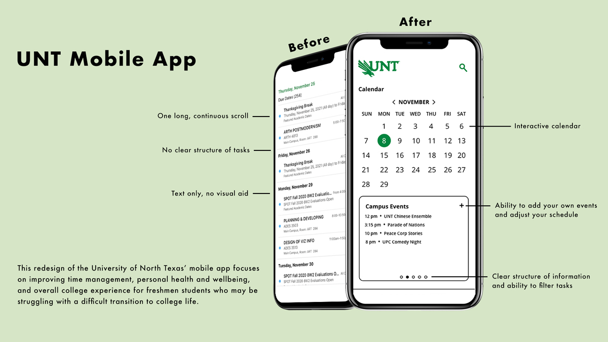 2 mobile screenshots displaying UNT mobile app