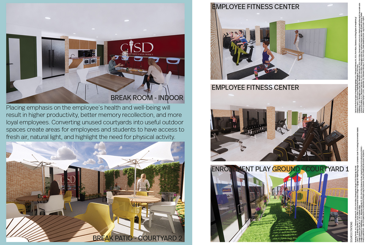 Breakroom, employee fitness center, break patio, and enrollment playground designs 