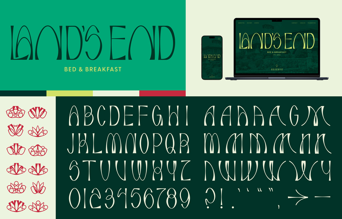 Collage of a logotype saying "Land's End" and "Bed & Breakfast." Flower 