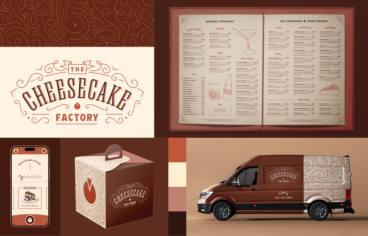 Image collage of a rebrand for The Cheesecake Factory. Some brand assets are pictured: a menu, cheesecake box, app, and van.