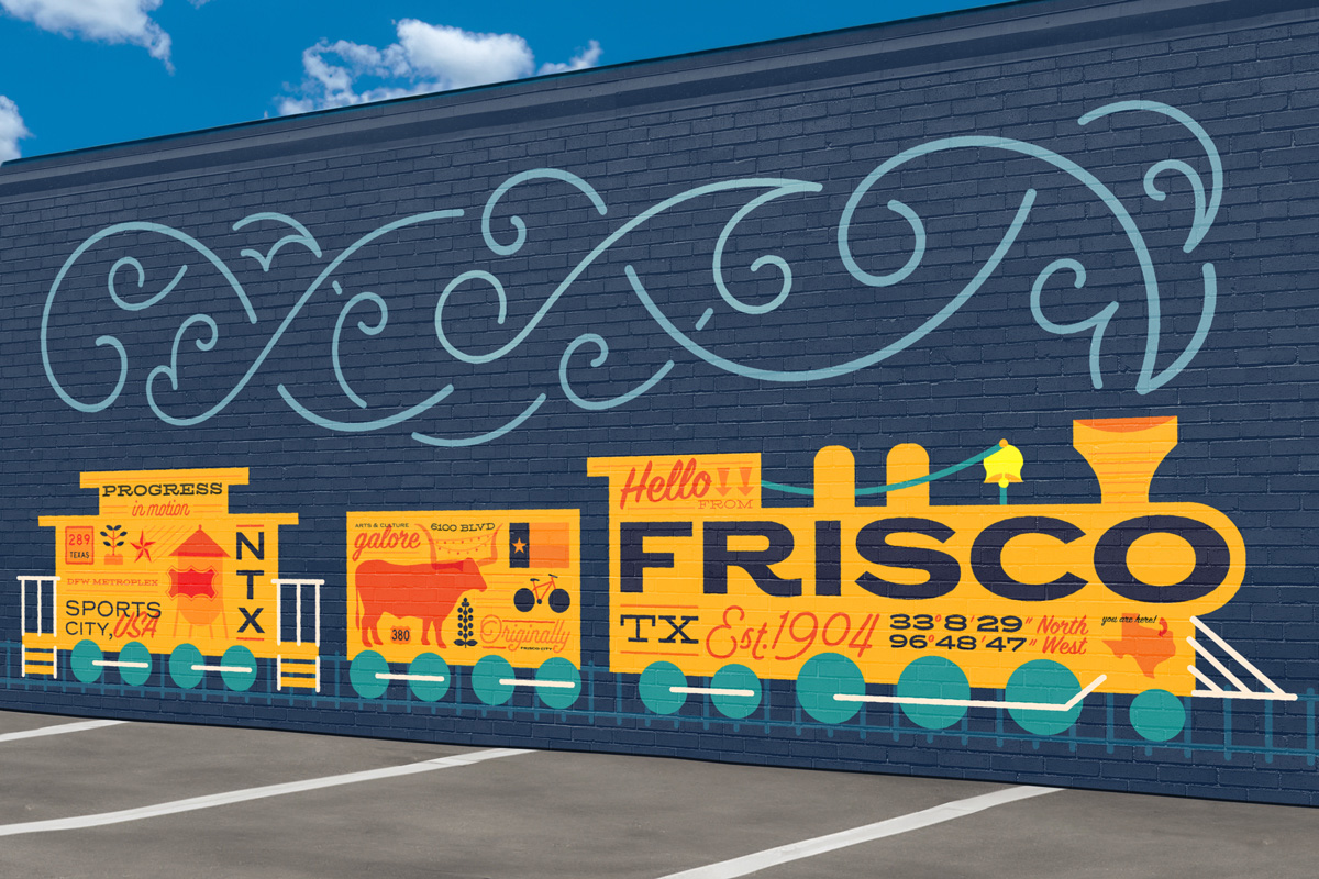 Mural on a brick wall facing a parking lot. There is a train that says "FRISCO" and holds many icons that represent the city. Steam billows out of the engine.