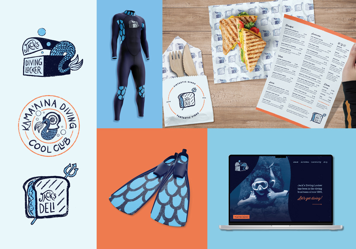 Image collage of a rebrand for Jack's Diving locker. Three separate logos are pictured: the main mark, the Kama'Aina Diving Cool Club, and Jack's Deli. Other elements include a wetsuit, flippers, website, and deli materials. 