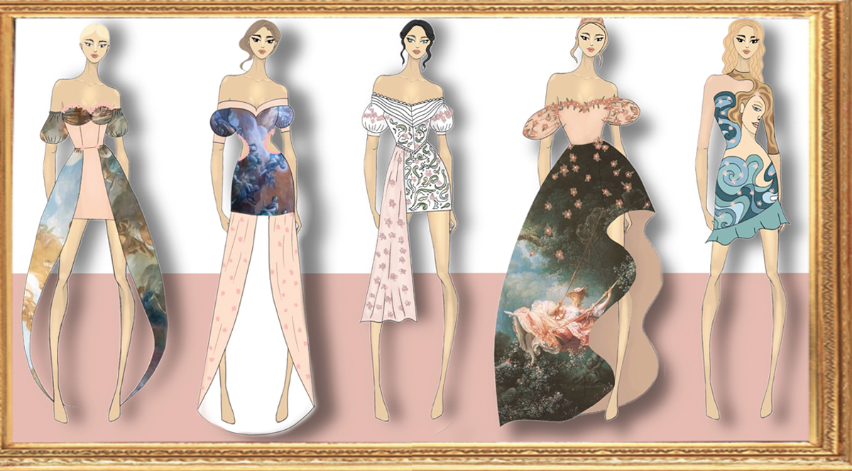  Line up sketches of my senior collection, like the mood board I drew in elements that correspond with the overlapping motifs that can be found during this Era.  Caption 2: My sketches include and variety of color elements, such as flowers 