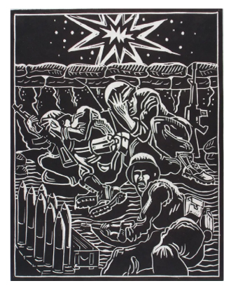 Woodcut of a battle scene of soldiers evading enemy fire in a bunker