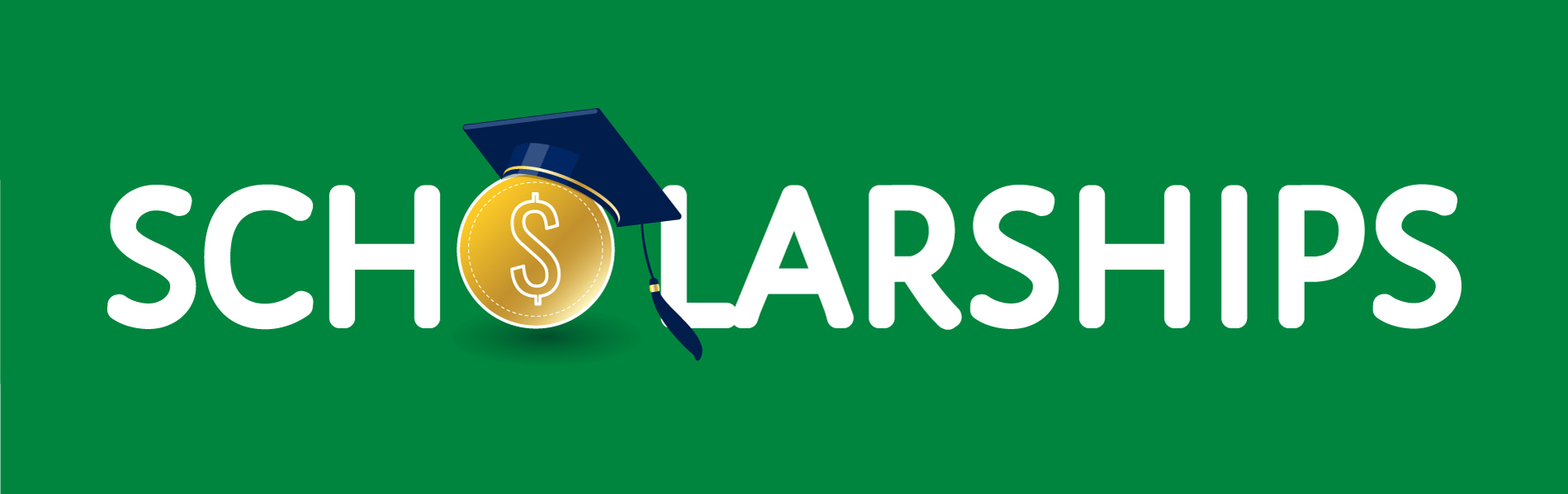 Scholarships in white letters, green background.