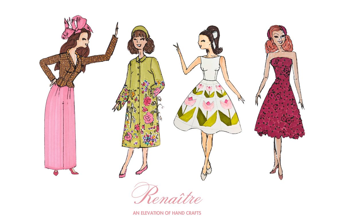 Four fashion illustrations of three colorful dresses and one pant and suit combination.