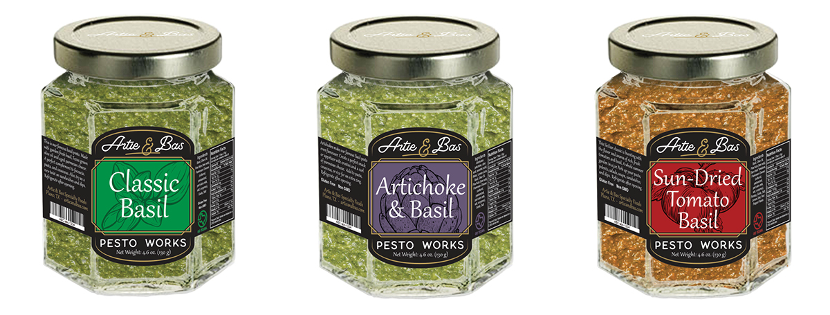 Pesto product glass jars designed by Chris Sherrod