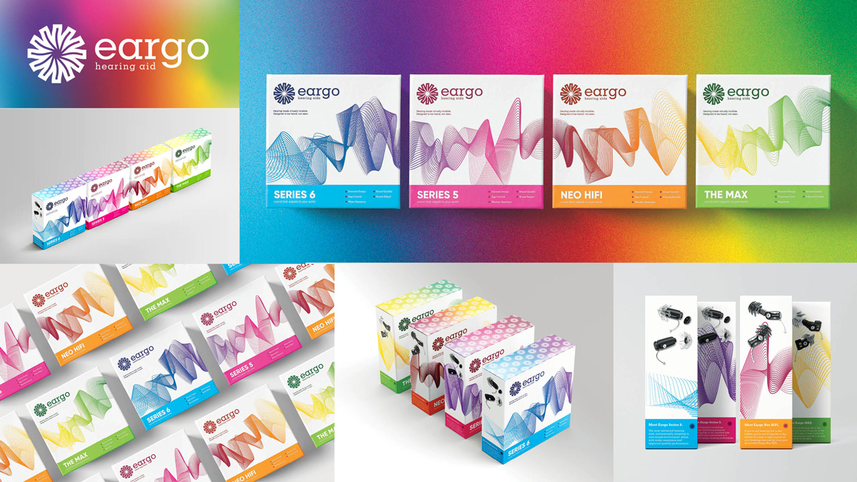 Eargo hearing aid packaging with bright colors and visualized sound patterns to capture the unique spectrum of the product. Stands out among competitors in the over-the-counter hearing aid market.