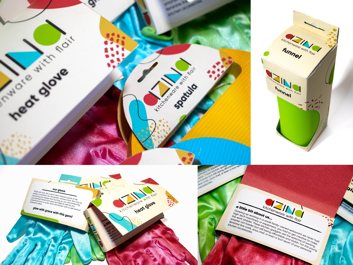 Eye-catching packaging for Azina targets young audience with playful design, solving unique kitchen issues for culinary women. Hand-designed products.