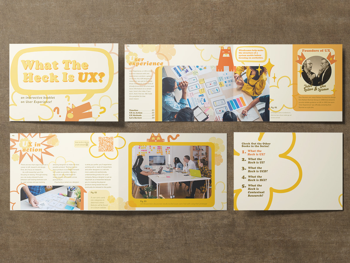 Images of booklet pages that describe what User Experience is in an orange and yellow color palette.