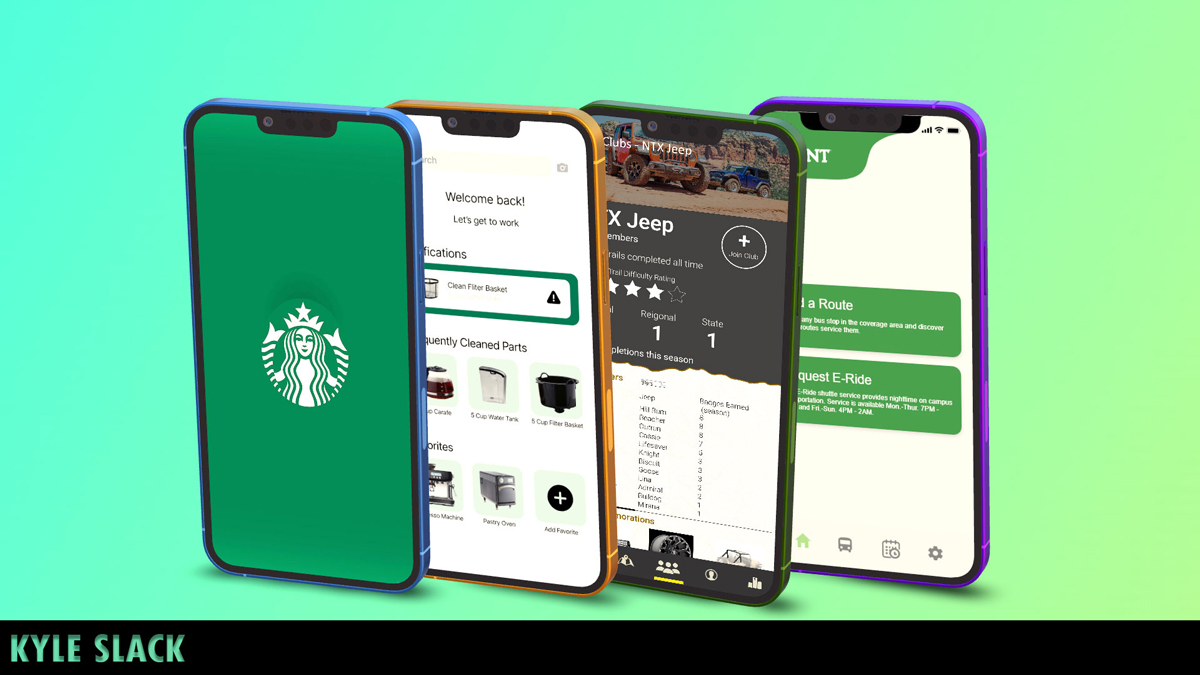 4 iphone screens are displayed. The first 2 contain screenshots from a prototyped starbucks app, the third is a landing page for a Jeep club application, and the last is a UNT Transit app redesign.