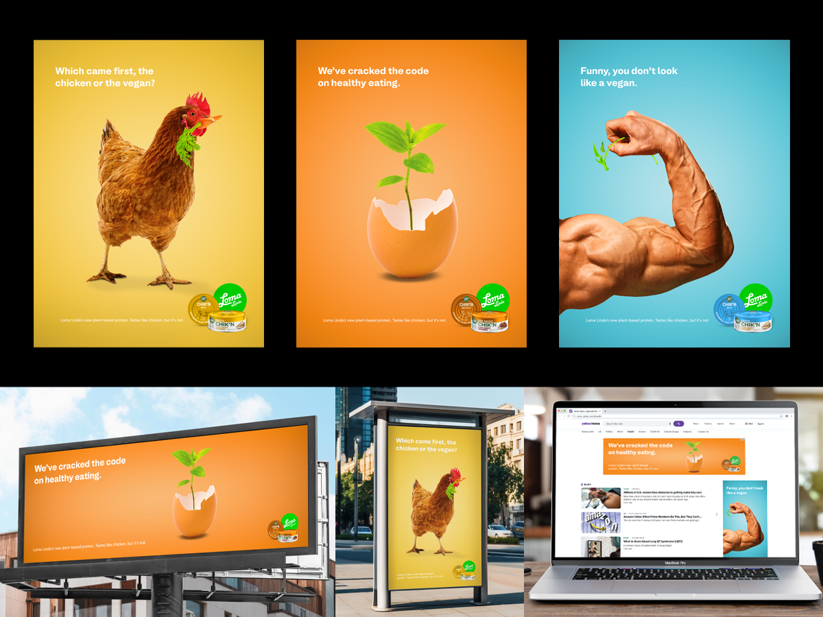 Creative graphic design brand board illustrating a collection of vegan-themed advertising, including witty headlines in the top row and various ad displays in urban and digital formats in the bottom row.