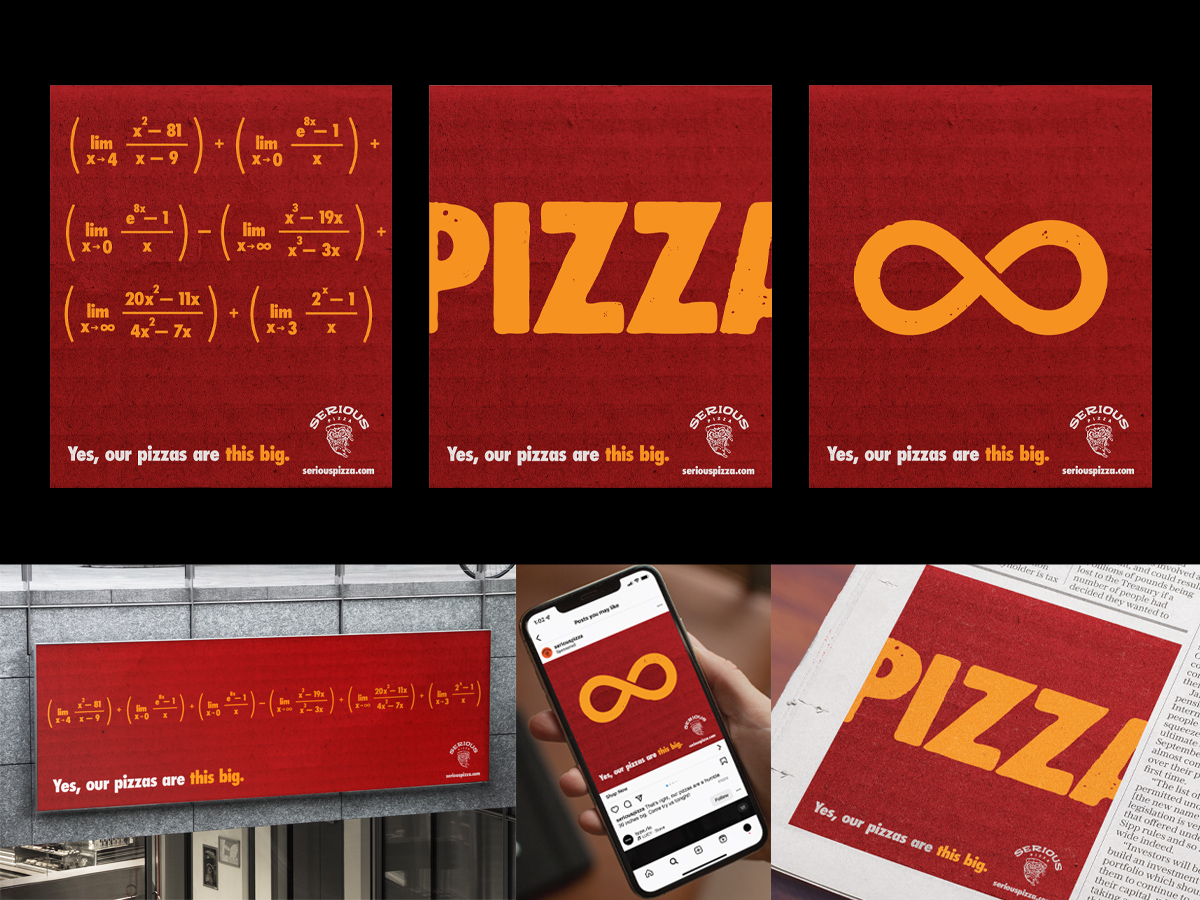 A graphis design brand board displaying a pizza shop ad campaign, top row filled with ads boasting oversized pizzas, and the bottom row illustrating the ad's adaptability across a magazine, on a phone, and a city billboard.