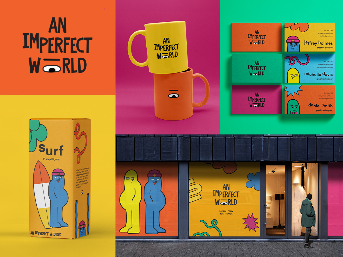 Graphic design brand board showcasing vibrant, colorful elements including a unique logo, package designs, mugs, and business cards, all adorned with fun graphical characters and abstract shapes.