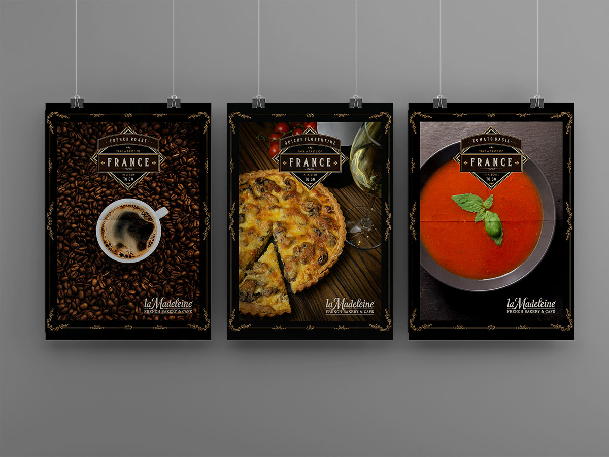 Tryptic ads for La Madeleine framed in dark gold ornamentation on a chocolate background. Coffee, quiche, and tomato soup are featured with French-inspired taglines.