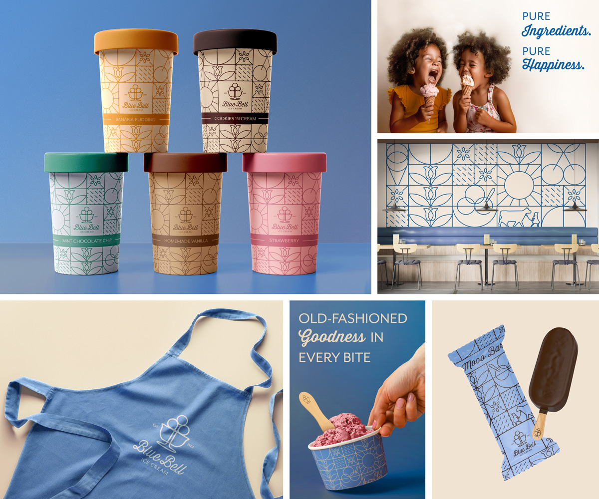 Blue Bell Ice Cream pint containers. Two little girls eating ice cream with the caption “Pure ingredients. Pure Happiness”. A blue apron with the redesigned Blue Bell logo on it. A hand holding a small cup filled with ice cream with the caption “old fashioned goodness in every bite”. A blue wrapper for Blue Bell Moo bars. 