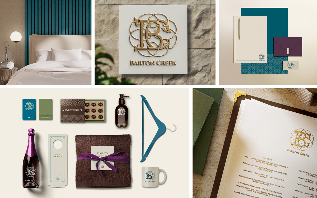 A hotel bed with a blue wall behind it. Exterior signage with the logo for Barton Creek in gold.  Blue, purple, and cream colored stationary for Barton Creek guests and employees. Branded key card and key card holder, a box of chocolates with the words “a sweet escape” on it, a bottle of Barton Creek champagne, a door hanger, a towel, coffee cup, and a clothes hanger. A bar menu with the menu items colored with color foil. 