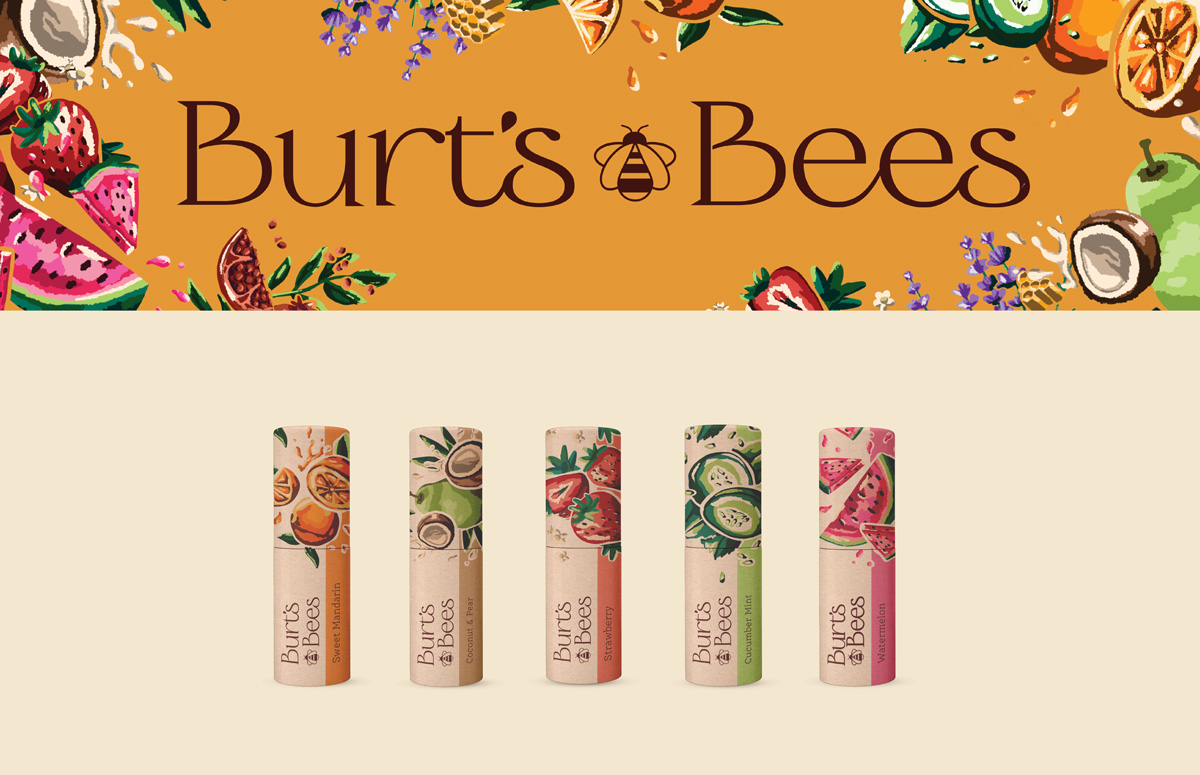 A yellow banner with the new Burt’s Bees logo surrounded by illustrations of fruit. Under that is a picture of 5 chapstick flavors: Sweet Mandarin, Coconut & Pear, Strawberry, Cucumber Mint, and Watermelon.