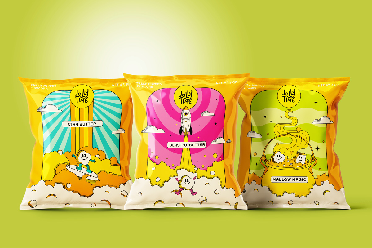 A set of 3 pre popped popcorn bags. The first bag is the “xtra butter” flavor. It shows the mascot, a piece of popcorn, surfing on waves of butter. The second package is the “blast-o-butter” flavor. The mascot is seen propelled through their on a butter fueled rocket. The third package is the “mallow magic” flavor. The mascot is seen sitting in a cauldron with his marshmallow friend. 