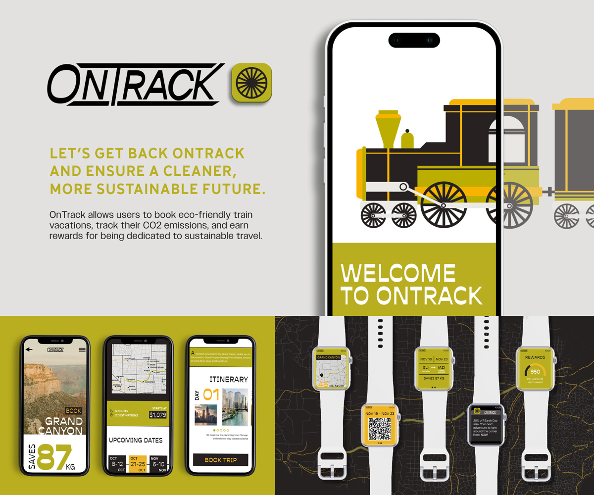 An image of a phone with a graphic illustration of a train on it. Next to it is the logo for OnTrack. The caption under it says “Let’s get back OnTrack and ensure a cleaner, and more sustainable future. OnTrack allows users to book eco-friendly train vacations, track their CO2 emissions, and earn rewards for being dedicated to sustainable travel”. Under that is an image of 3 phones with screens from the app. To the right of that is 5 apple watches with parts of the app, including a QR code to scan tickets, notifications from the app, and rewards. 