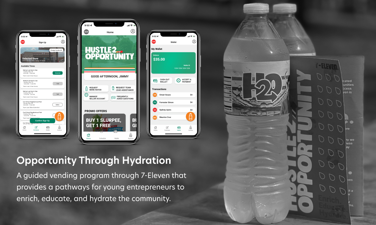 Three iphone mockups displaying an app aimed to provide pathways for young entrepenurs to safely make money and educate the community. Mockups are located next to a waterbottle and pamphlet with the project name.