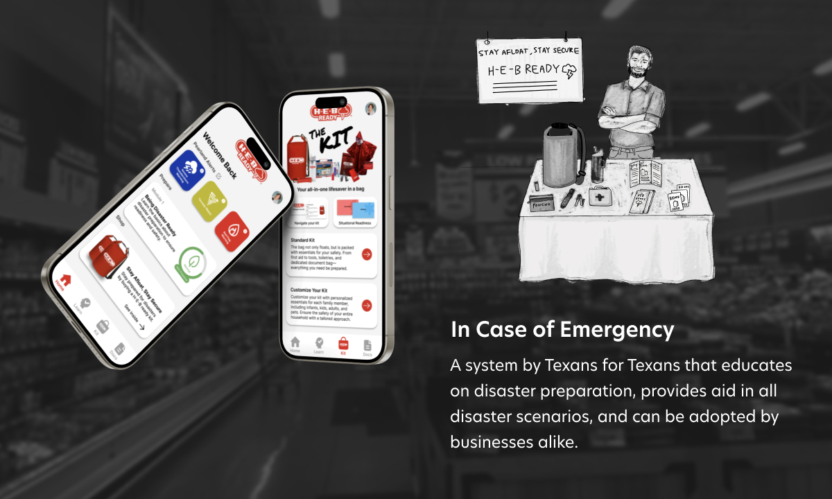 Mockup of an iphone application for disaster preparation located next to an illustration of a man selling disaster relief kits at H-E-B.